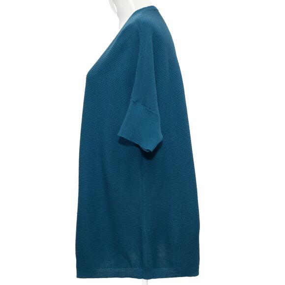 Eileen Fisher Blue V-Neck Wool Blend Lightweight Short Sleeve Sweater Size Large - Picture 2 of 8